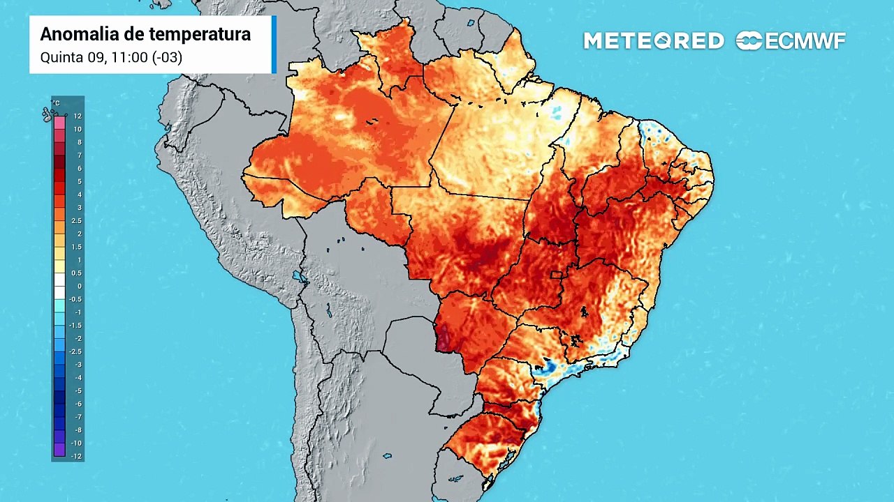 Quinta-feira, 9 de julho: previsão de anomalia de temperatura