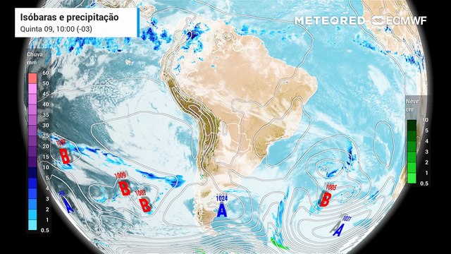 Quinta-feira, 9 de julho: Previsão de precipitação com linhas de pressão (isóbaras)
