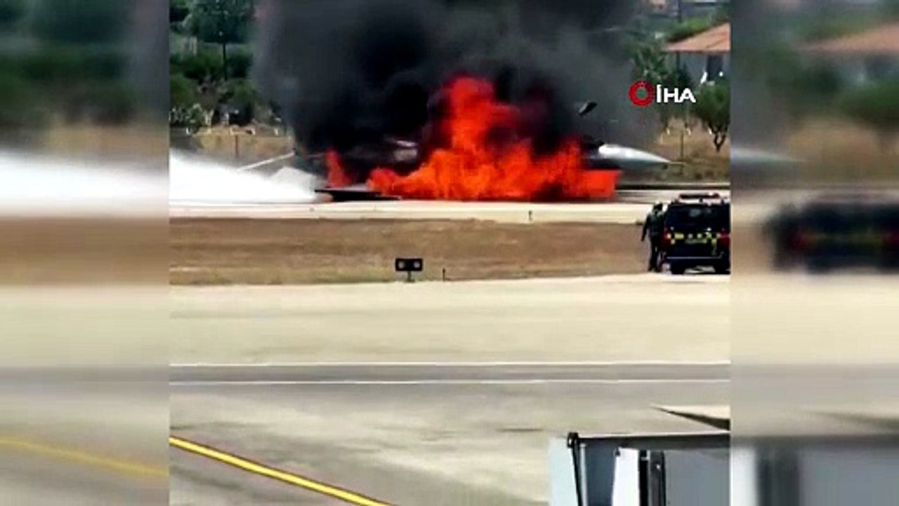 Yunanistan’da acil iniş yapan F-16 savaş uçağı alev aldı