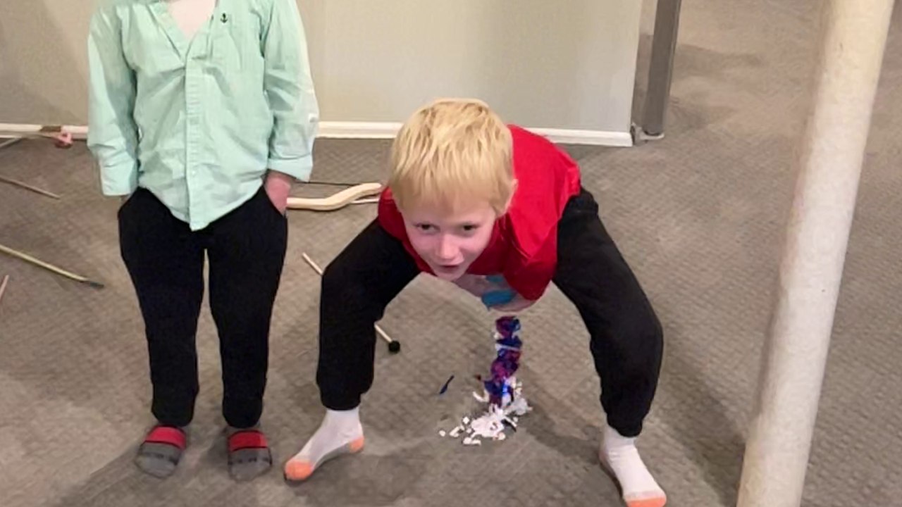 Silly boy realizes that gravity is a party pooper *Confetti Fail!*