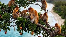 Bekantan makan buah jambu monyet ditepi pantai
