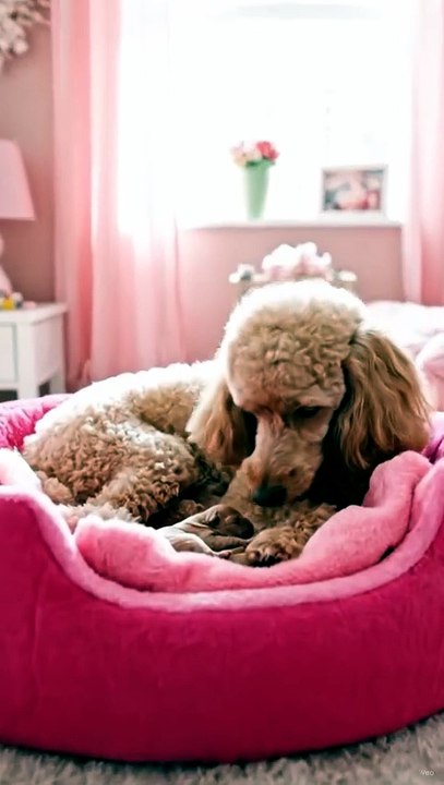 Poodle Cute Puppies Sleeping in Rainy Night.