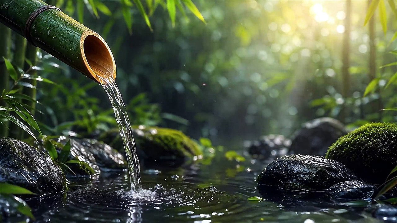 Relaxing Piano Music with Flowing Bamboo Water Sounds for Deep Sleep