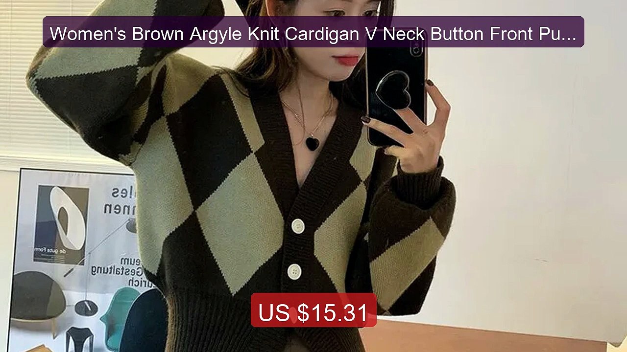 Women's Brown Argyle Knit Cardigan V Neck Button Front Puff... -- Top Pick 2026 | Unbeatable Price!