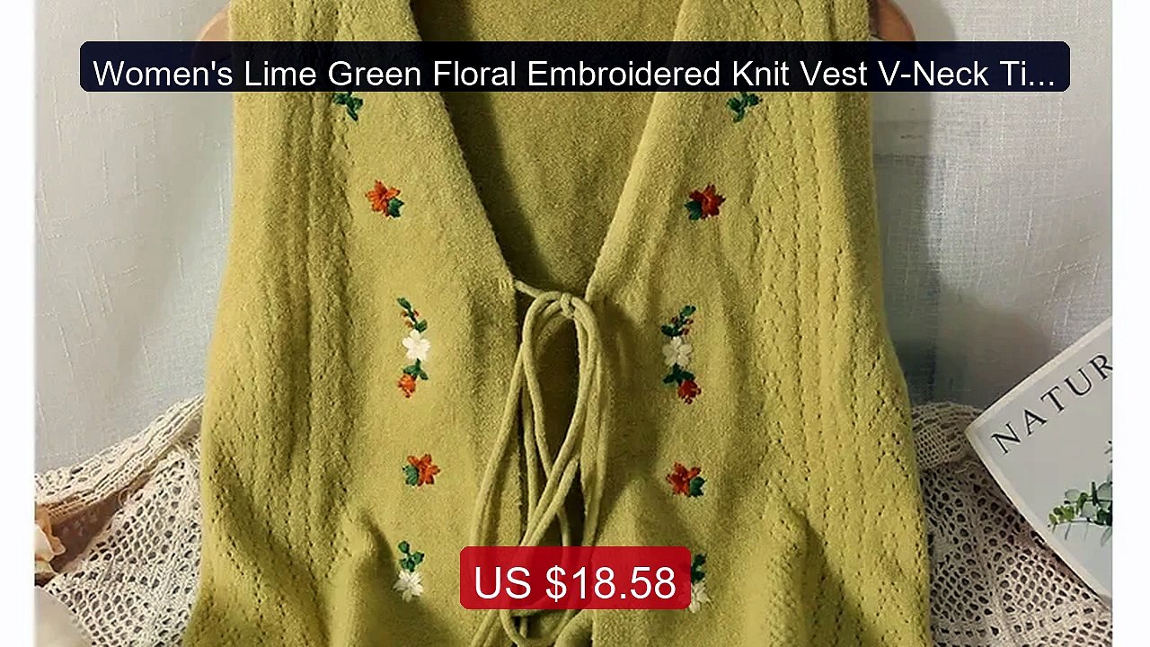 Women's Lime Green Floral Embroidered Knit Vest V-Neck Tie ... -- Top Pick 2026 | Unbeatable Price!