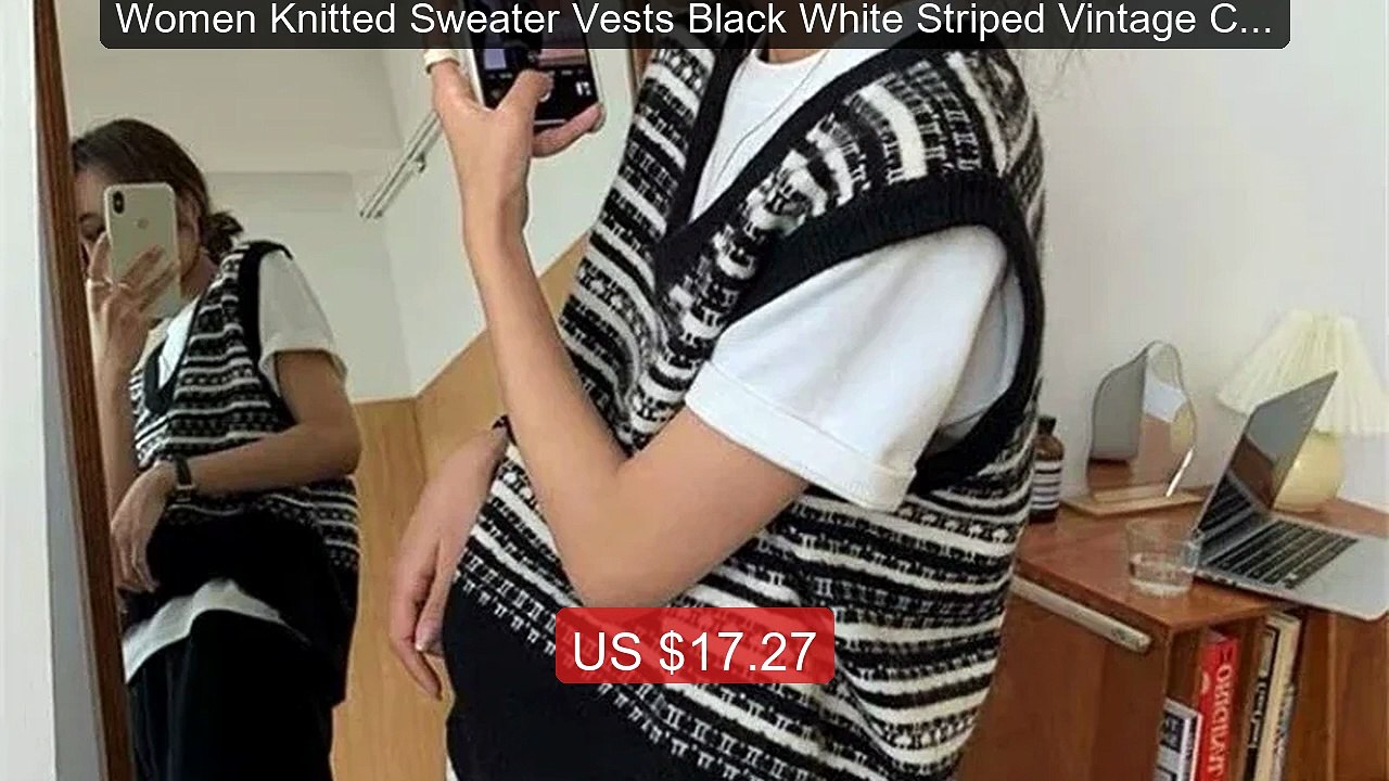 Women Knitted Sweater Vests Black White Striped Vintage Col... -- Top Pick 2026 | Unbeatable Price!