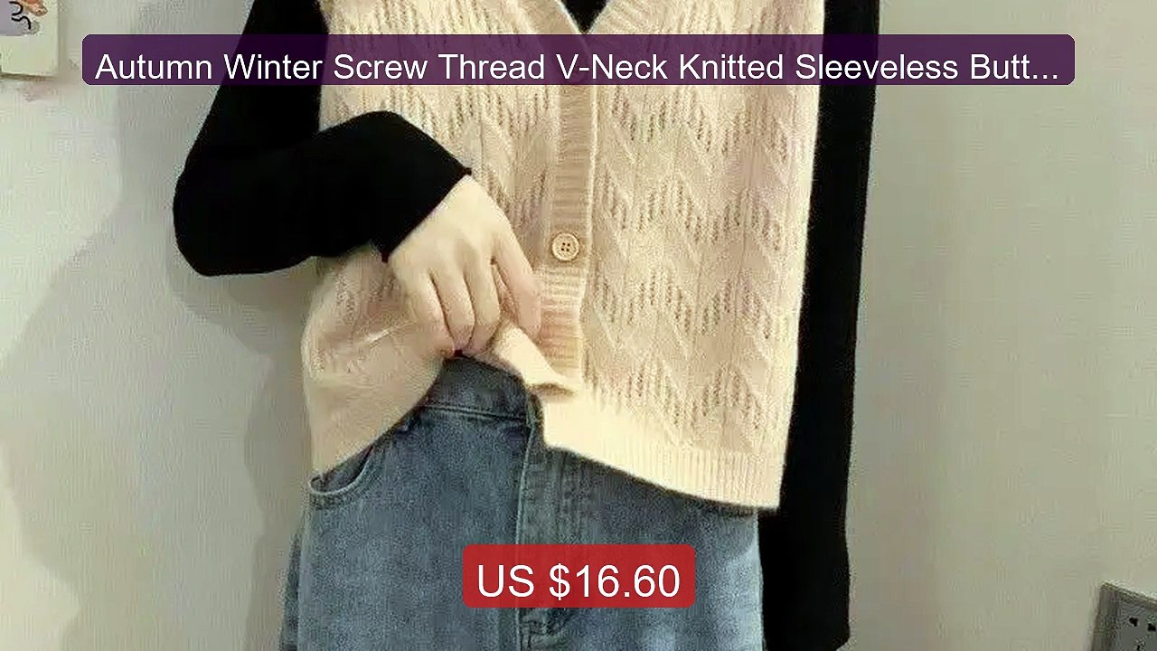 Autumn Winter Screw Thread V-Neck Knitted Sleeveless Button Up Wom... -- Best Deal 2026 | Shop Now!