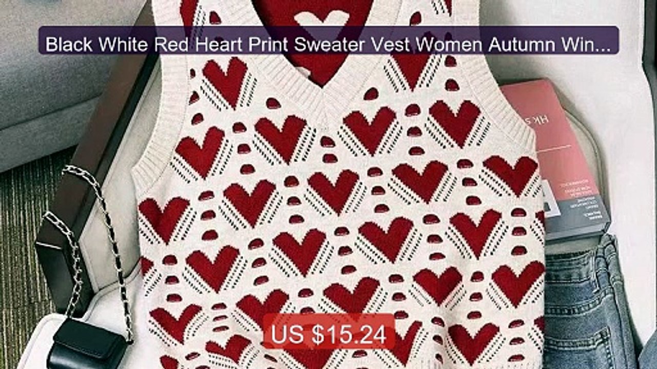 Black White Red Heart Print Sweater Vest Women Autumn Winter Knit V... -- Top Rated 2026 | Buy Now!