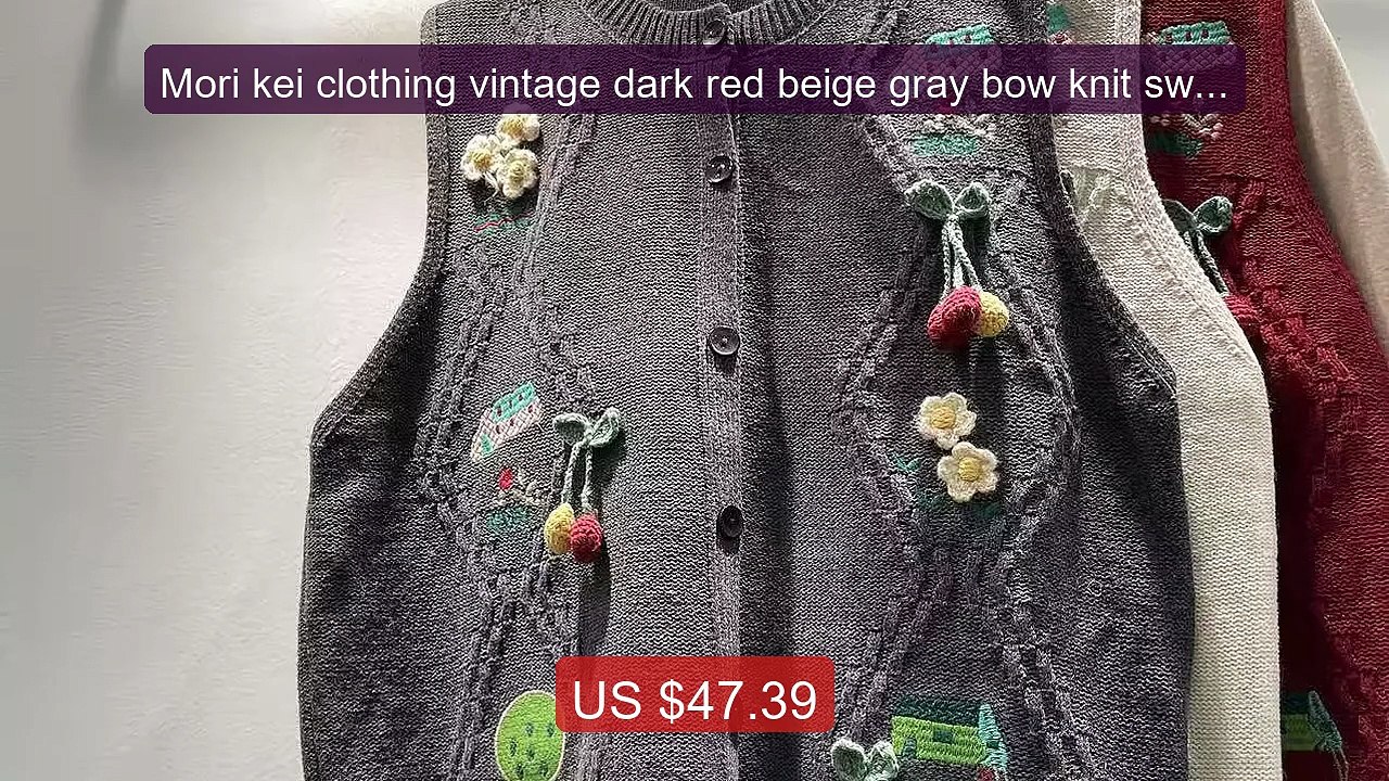Mori kei clothing vintage dark red beige gray bow knit sweater ves... -- Best Deal 2026 | Shop Now!