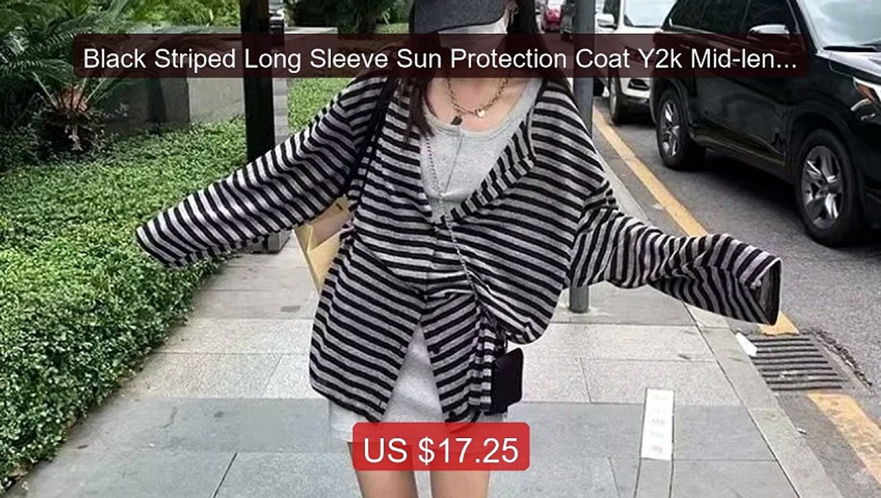 Black Striped Long Sleeve Sun Protection Coat Y2k Mid-length L... -- Hot Deal 2026 | Limited Offer!
