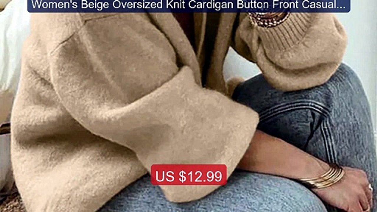 Women's Beige Oversized Knit Cardigan Button Front Casual Lon... -- Amazing Value 2026 | Must Have!