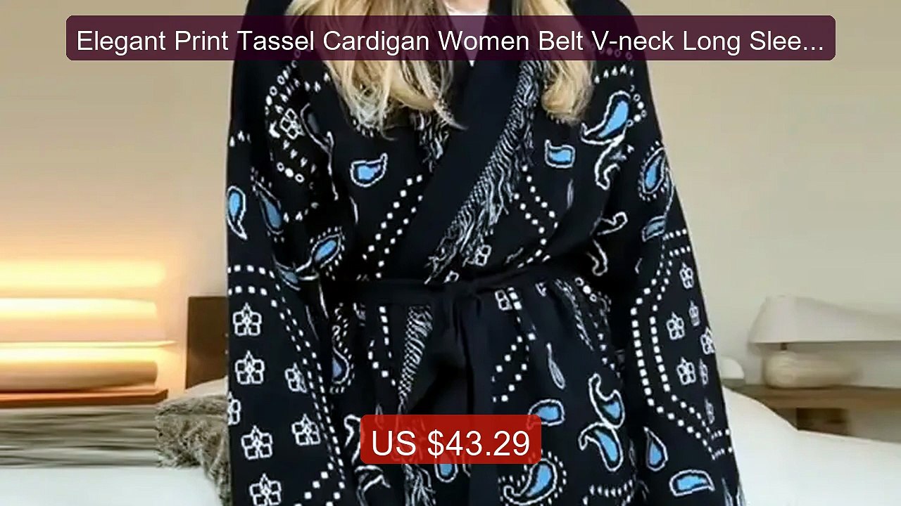 Elegant Print Tassel Cardigan Women Belt V-neck Long Sleeve Loose K... -- Top Rated 2026 | Buy Now!