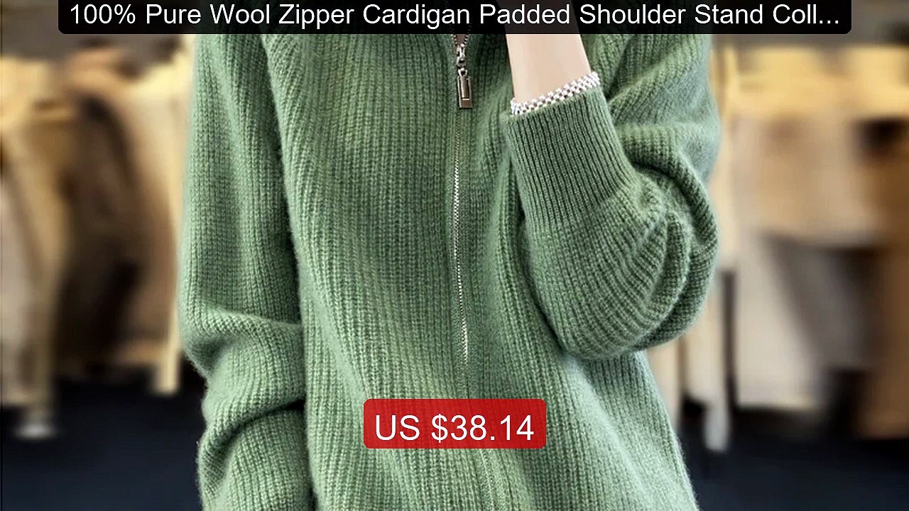 100% Pure Wool Zipper Cardigan Padded Shoulder Stand Collar Women'... -- Best Deal 2026 | Shop Now!