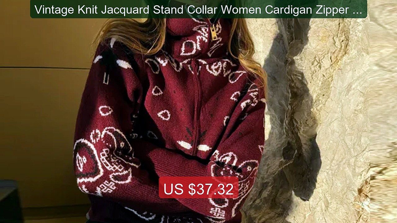 Vintage Knit Jacquard Stand Collar Women Cardigan Zipper Full Sleev... -- Top Rated 2026 | Buy Now!