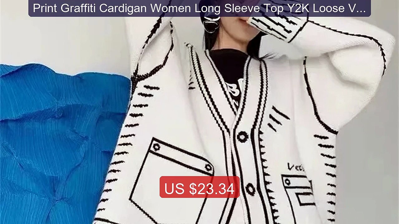 Print Graffiti Cardigan Women Long Sleeve Top Y2K Loose V-neck Swe... -- Best Deal 2026 | Shop Now!