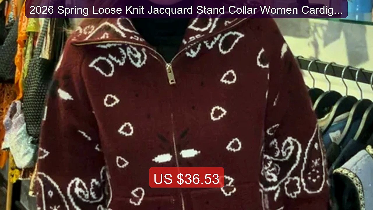 2026 Spring Loose Knit Jacquard Stand Collar Women Cardigan Zipper ... -- Top Rated 2026 | Buy Now!