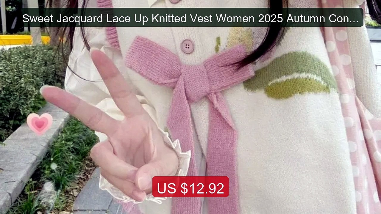 Sweet Jacquard Lace Up Knitted Vest Women 2025 Autumn Contrast... -- Best Buy 2026 | Great Quality!