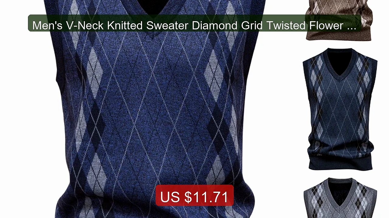 Men's V-Neck Knitted Sweater Diamond Grid Twisted Flower Casua... -- Hot Deal 2026 | Limited Offer!