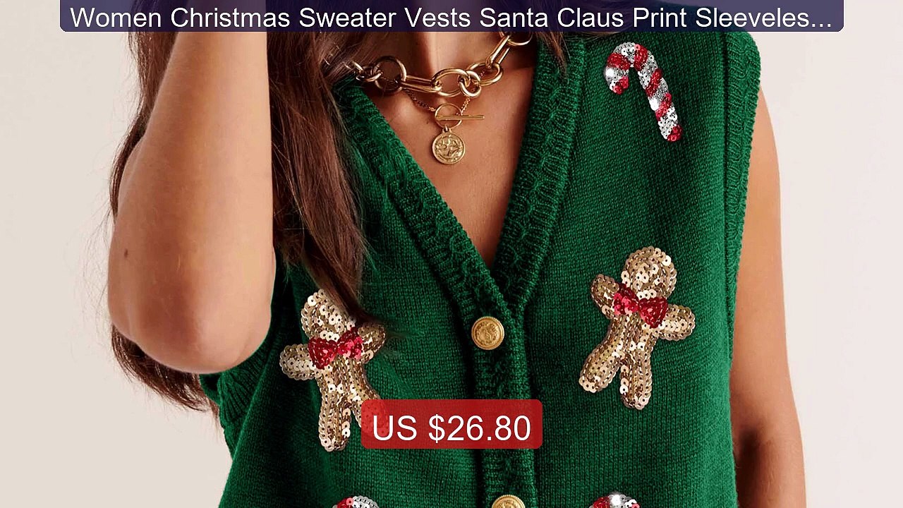 Women Christmas Sweater Vests Santa Claus Print Sleeveless Knit Car... -- Top Rated 2026 | Buy Now!