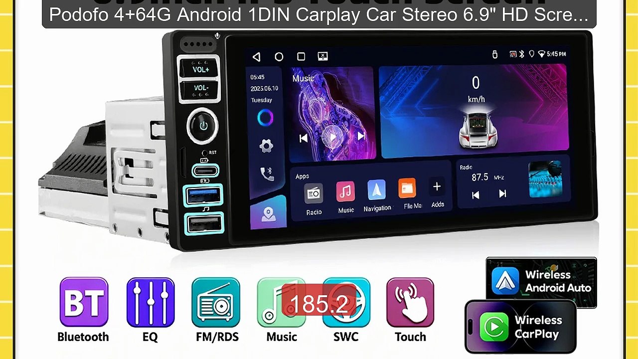 Podofo 4+64G Android 1DIN Carplay Car Stereo 6.9" HD Screen GPS Nav... -- Top Rated 2026 | Buy Now!
