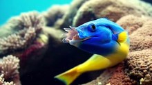 Ribbon eel opening its electric blue mouth in a coral reef crevice Sea creature