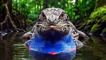 Clouded monitor lizard inflating its bright blue throat in a Bornean swamp Jungle animal