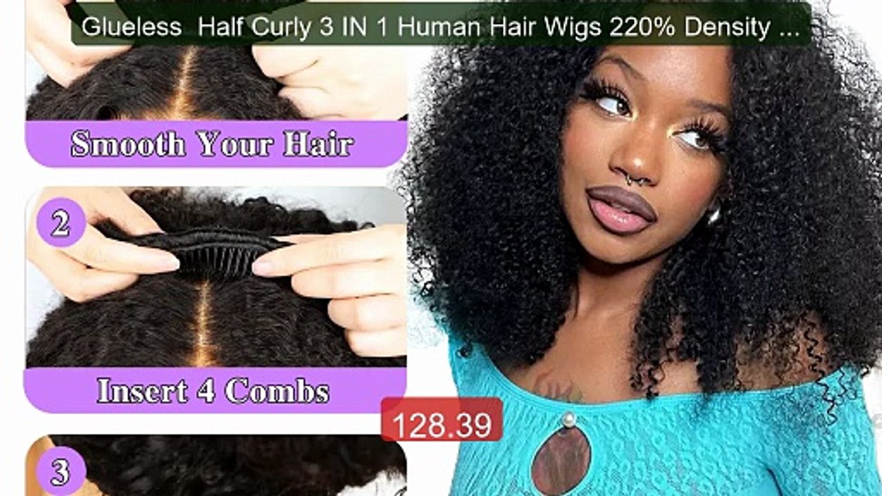 Glueless  Half Curly 3 IN 1 Human Hair Wigs 220% Density With ... -- Best Buy 2026 | Great Quality!