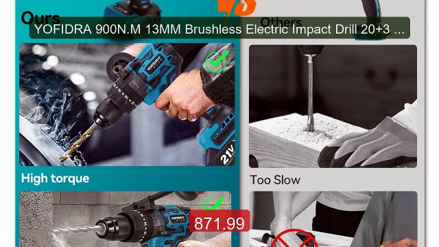YOFIDRA 900N.M 13MM Brushless Electric Impact Drill 20+3 Torque Han... Top Rated 2026 | Buy Now!