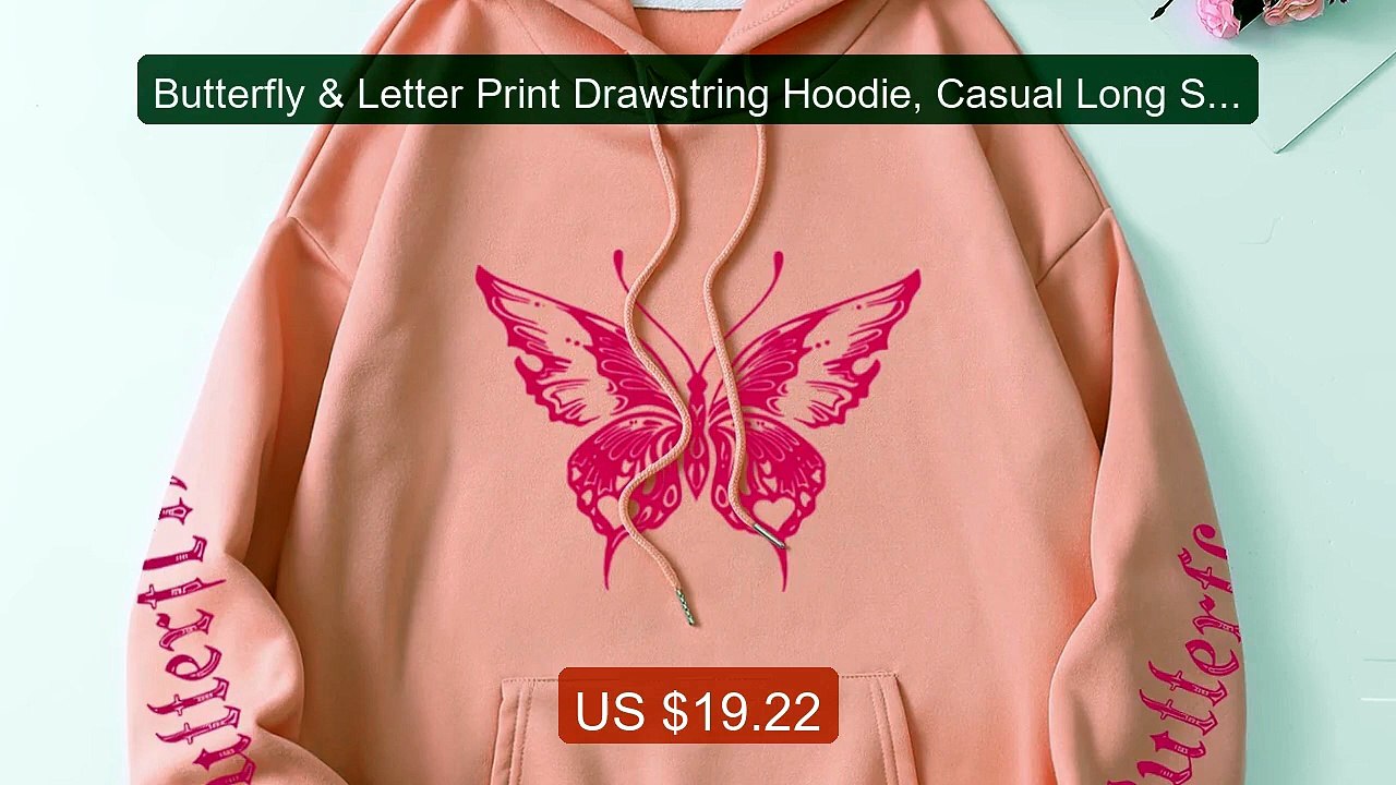 Butterfly & Letter Print Drawstring Hoodie, Casual Long Sleeve... -- Hot Deal 2026 | Limited Offer!