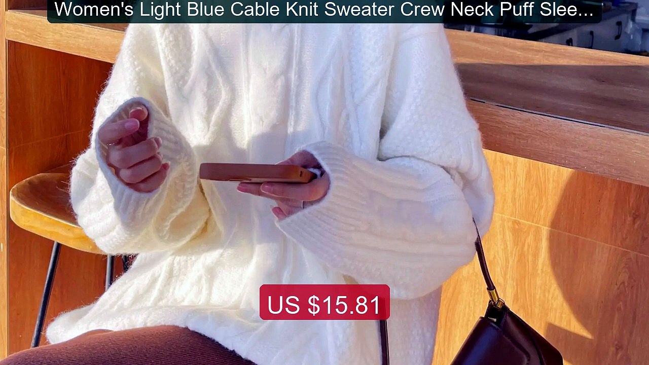 Women's Light Blue Cable Knit Sweater Crew Neck Puff Sleeve Oversi... -- Best Deal 2026 | Shop Now!