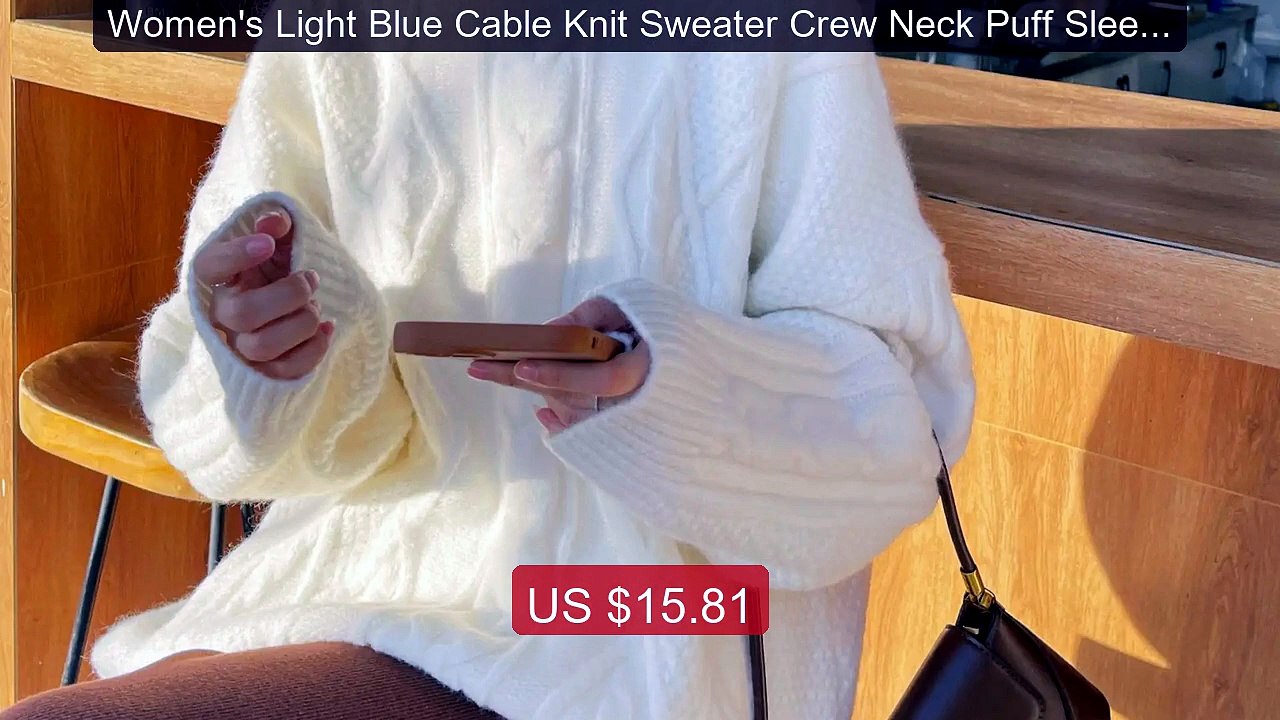Women's Light Blue Cable Knit Sweater Crew Neck Puff Sleeve... -- Top Pick 2026 | Unbeatable Price!