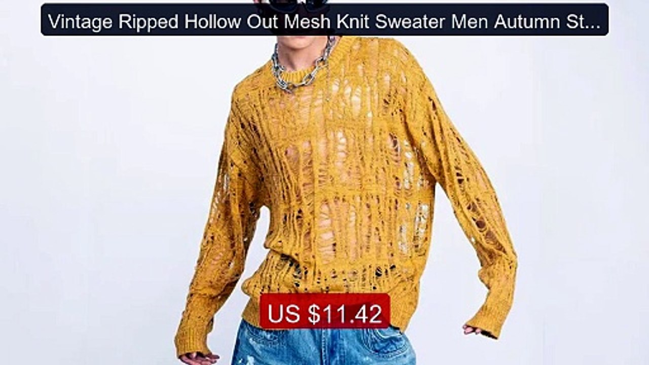 Vintage Ripped Hollow Out Mesh Knit Sweater Men Autumn Streetwear ... -- Best Deal 2026 | Shop Now!