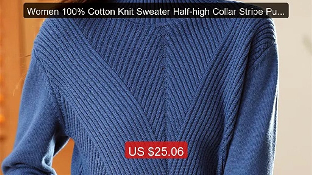 Women 100% Cotton Knit Sweater Half-high Collar Stripe Pullove... -- Best Buy 2026 | Great Quality!