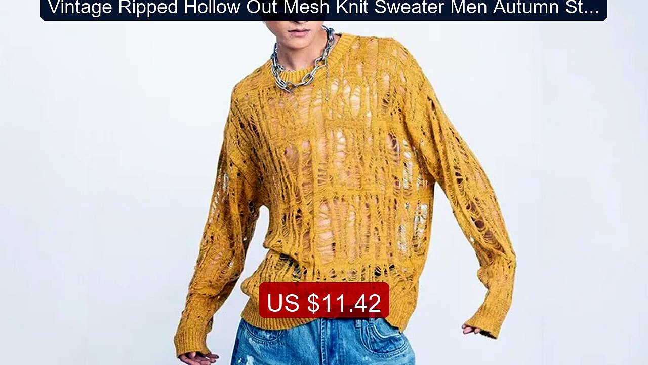 Vintage Ripped Hollow Out Mesh Knit Sweater Men Autumn Streetw... -- Best Buy 2026 | Great Quality!