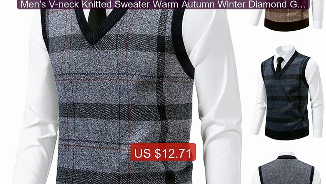 Men's V-neck Knitted Sweater Warm Autumn Winter Diamond Grid T... -- Hot Deal 2026 | Limited Offer!