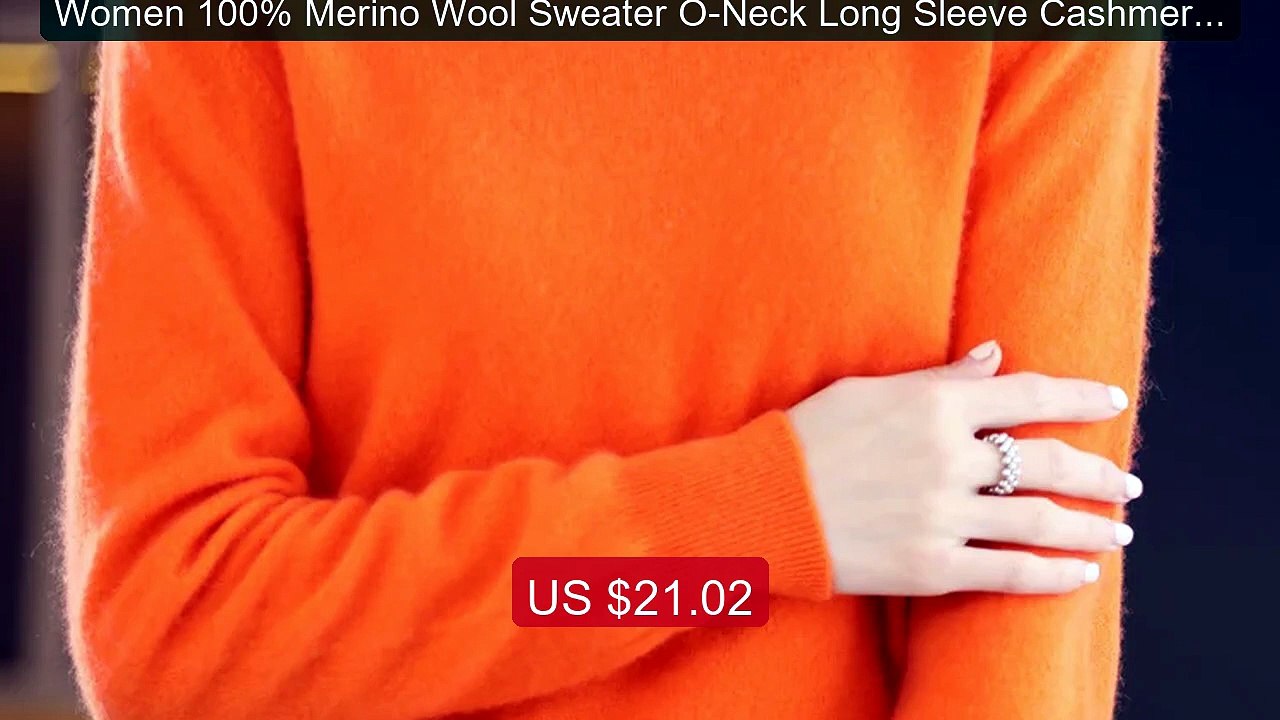Women 100% Merino Wool Sweater O-Neck Long Slee...