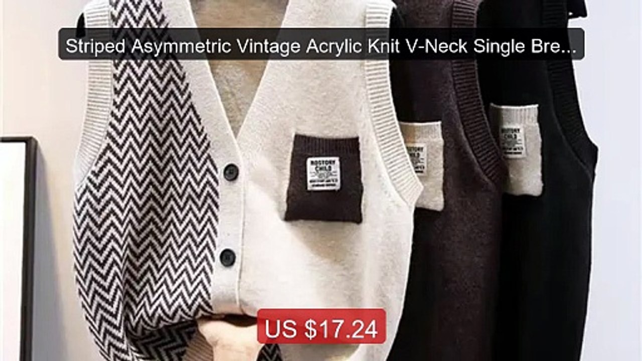 Striped Asymmetric Vintage Acrylic Knit V-Neck Single Breaste... -- Amazing Value 2026 | Must Have!
