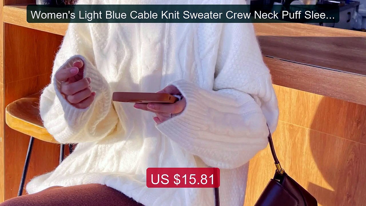 Women's Light Blue Cable Knit Sweater Crew Neck Puff Sleeve Ov... -- Hot Deal 2026 | Limited Offer!