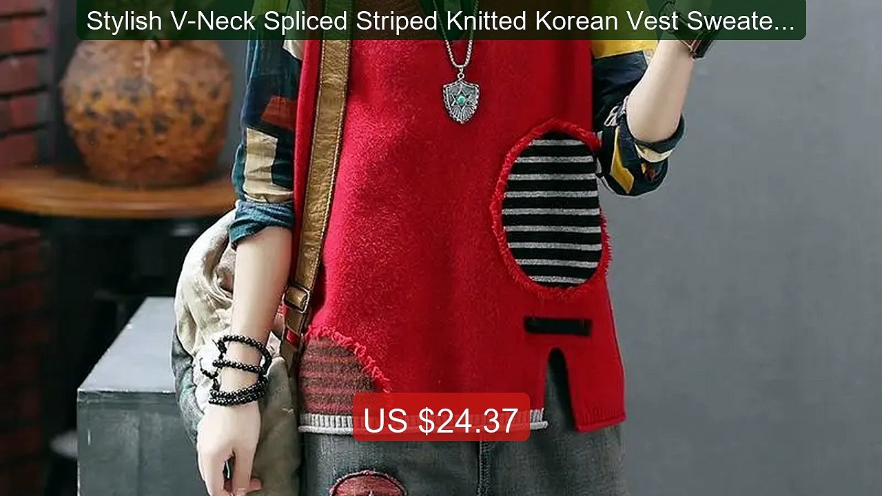 Stylish V-Neck Spliced Striped Knitted Korean Vest Sweater Wo... -- Amazing Value 2026 | Must Have!