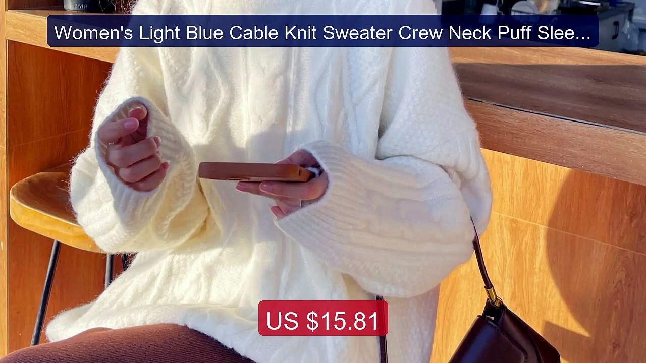 Women's Light Blue Cable Knit Sweater Crew Neck Puff Sleeve Oversiz... -- Top Rated 2026 | Buy Now!