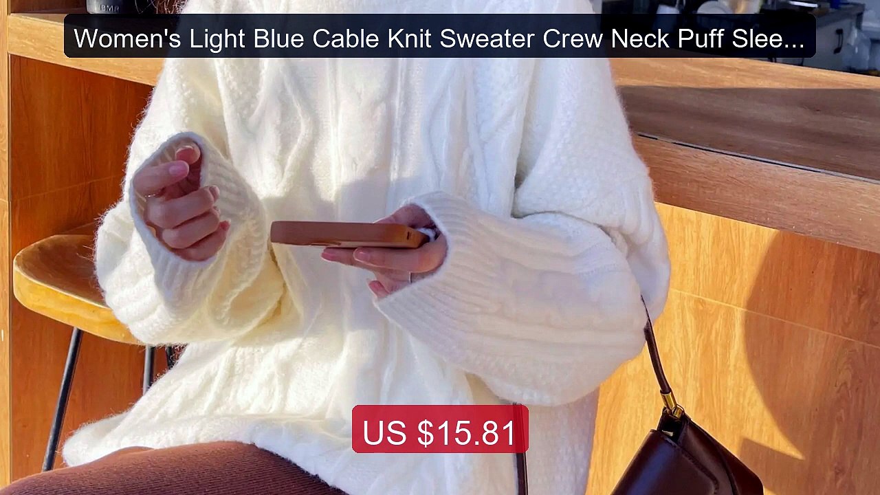 Women's Light Blue Cable Knit Sweater Crew Neck Puff Sleeve Oversi... -- Best Deal 2026 | Shop Now!