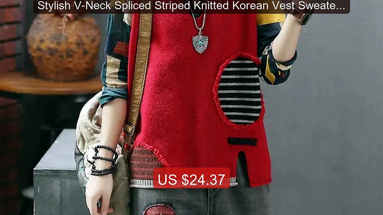 Stylish V-Neck Spliced Striped Knitted Korean Vest Sweater Wom... -- Hot Deal 2026 | Limited Offer!