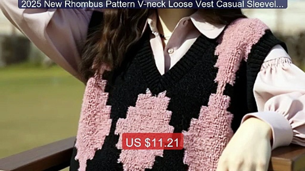 2025 New Rhombus Pattern V-neck Loose Vest Casual Sleeveless Women... -- Best Deal 2026 | Shop Now!