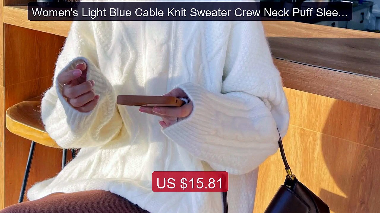 Women's Light Blue Cable Knit Sweater Crew Neck Puff Sleeve Ov... -- Hot Deal 2026 | Limited Offer!