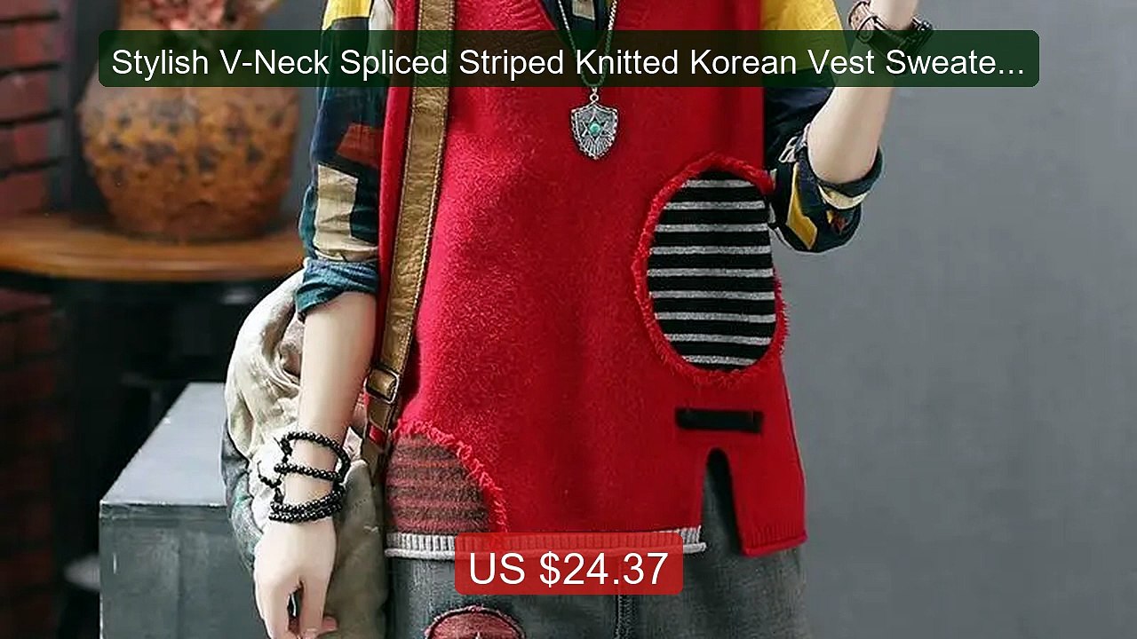 Stylish V-Neck Spliced Striped Knitted Korean Vest Sweater Women's ... -- Top Rated 2026 | Buy Now!