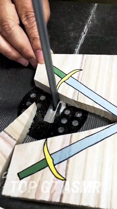 ​Cutting a Crossed Swords Drawing with Green & Yellow Hilt on Wood: Oddly Satisfying ASMR ⚔️✨ | Top G7 ASMR
