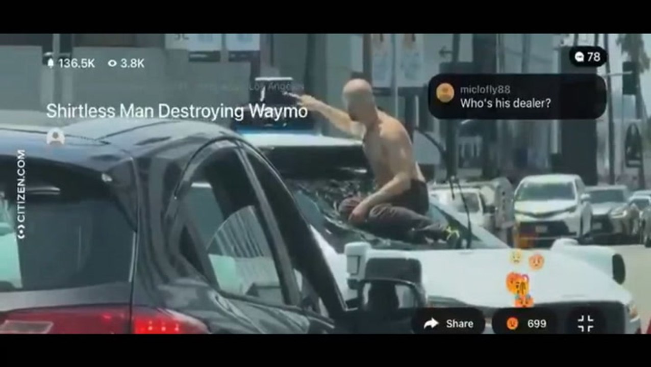 Shirtless man destroys self-driving Waymo taxi in middle of busy Hollywood intersection