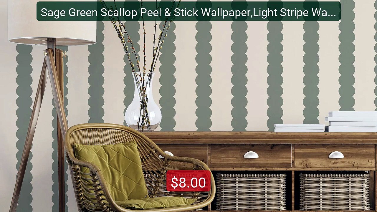 Sage Green Scallop Peel & Stick Wallpaper,Light Stripe Wall Art Wal... -- Top Rated 2026 | Buy Now!