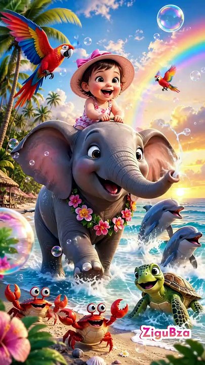 🌴✨ Cute animals, ocean waves, and a magical beach adventure that kids will love! 🐬🐘 AI generate creative cartoon video  #CuteCartoon #3DAnimation #ZiguBza ZiguBza