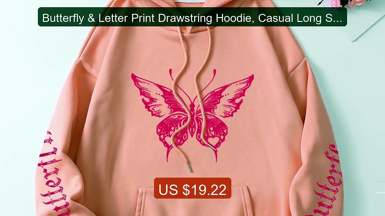 Butterfly & Letter Print Drawstring Hoodie, Casual Long Sle... -- Top Pick 2026 | Unbeatable Price!